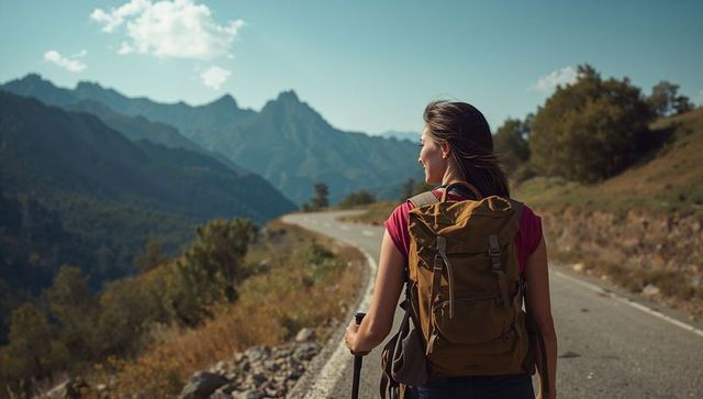 Solo hiker walking mountain road with tan backpack and trekking pole at sunlit ridge