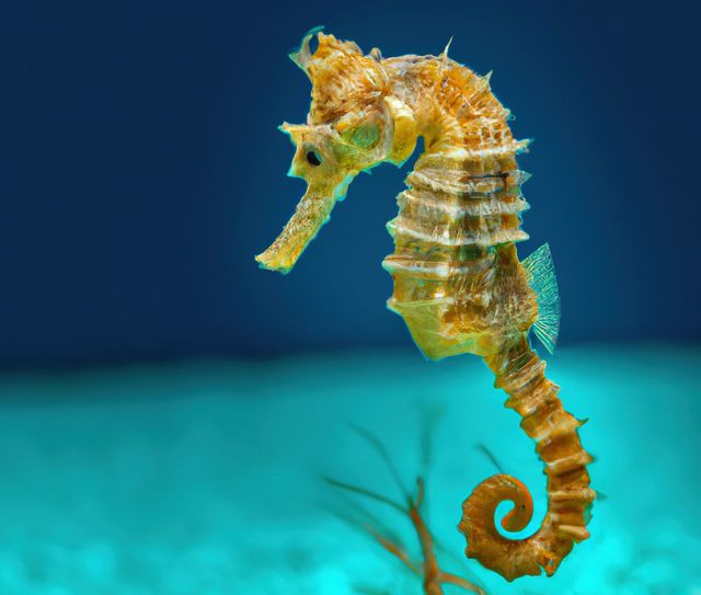 Close up of sea horse on blue background created using generative ai technology. Animal and nature concept, digitally generated image.
