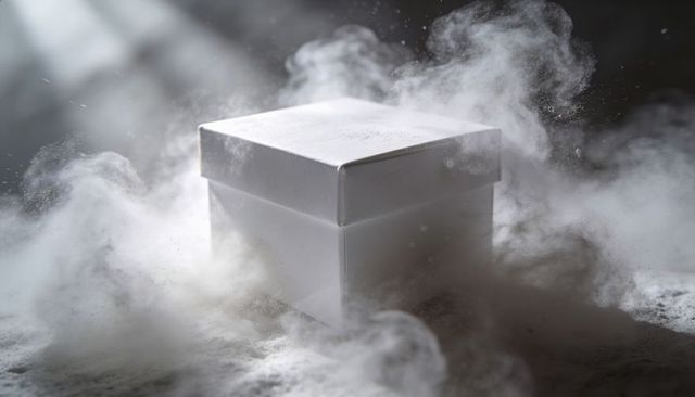 White gift box emerging from dramatic powder plume with soft directional light