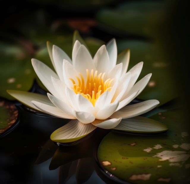 A stunning white lotus flower blooms on a pond surrounded by green leaves, creating a tranquil and serene atmosphere. Perfect for use in wellness, meditation, or spa-related content, or any nature-themed project that emphasizes purity and peace.
