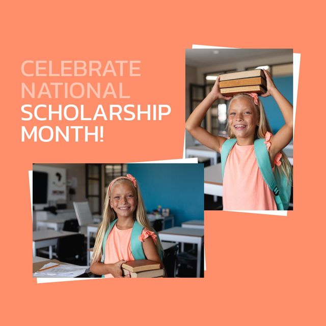 A cheerful young girl wearing an orange shirt and backpack, celebrating National Scholarship Month. She is holding a stack of books in a classroom setting with desks and learning materials in the background. Great for promoting educational events, school programs, or scholarship opportunities.