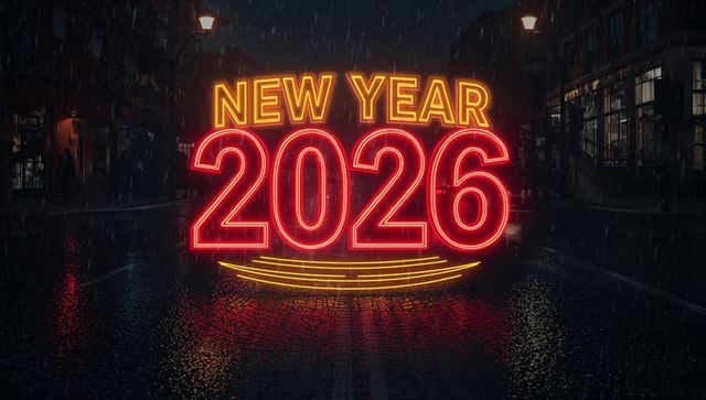 Glowing new year 2026 neon sign reflecting on wet cobblestone street rainy city night
