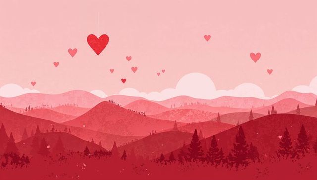 Romantic pink hills floating hearts forest silhouettes dreamy pastel sunset scene
