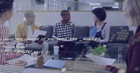 Diverse coworkers brainstorming ideas with technological overlay