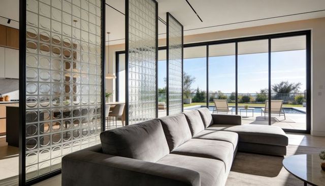 Sunlit living room featuring gray l-shaped sectional, glass block divider and pool view