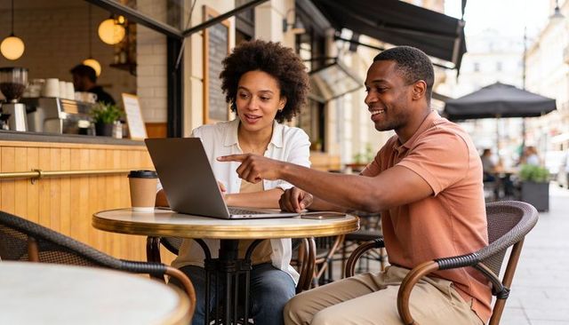 Collaborating over laptop at sidewalk cafe, young professionals discussing project