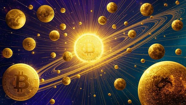Golden Bitcoin Sunburst Radiating Orbiting Crypto Planets, Circuit Rings in Futuristic Galaxy