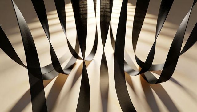 Looping matte black ribbon tunnel casting soft shadows on warm beige surface, abstract art