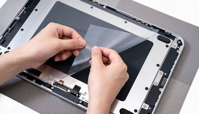 Technician peeling protective film from laptop trackpad during repair revealing ribbon cable