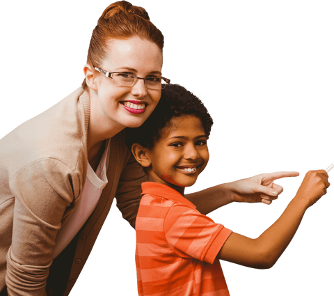 Smiling teacher guiding young student on transparent background