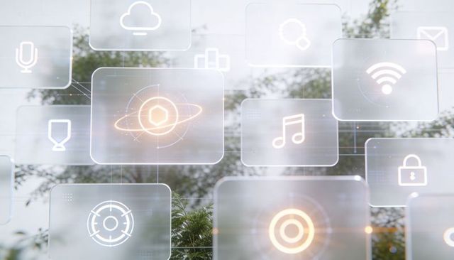Hovering translucent interface panels over leafy backdrop, glowing connectivity icons
