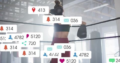 Backlit female boxer standing in ring showing social media notifications and engagement