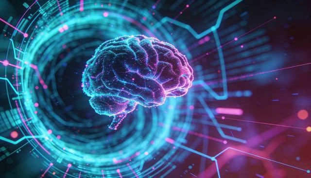 Neon holographic brain in cybernetic data vortex with hud rings and particle trails