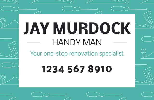 This stock photo of a handyman business card features a clean and modern design with easy-to-read fonts, prominently displaying contact information. The turquoise background with minimalistic line art tools adds a professional and trustworthy touch. Ideal for promoting handyman services, advertising renovation specialists, and providing clear contact information for potential clients.