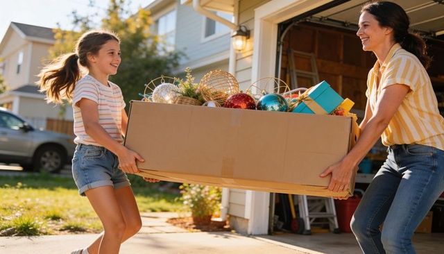 Mother and daughter carrying holiday ornaments from garage on sunny suburban driveway