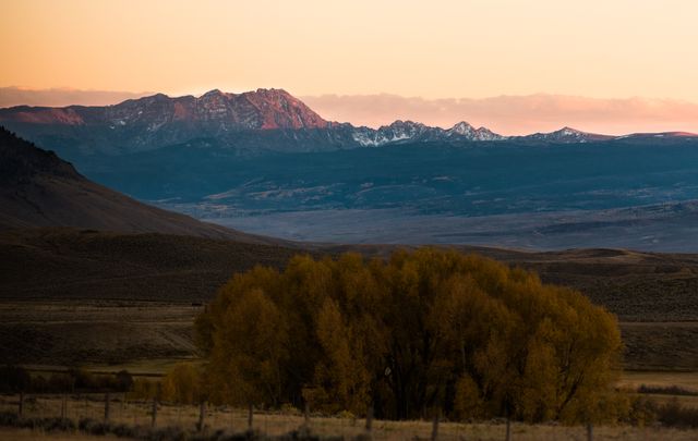 Sunset casting golden light over distant mountain range with fall foliage in the foreground. Ideal for use in nature, travel, and outdoor adventure themes. Great for background images, wallpapers, and nature photography projects emphasizing tranquility and natural beauty.