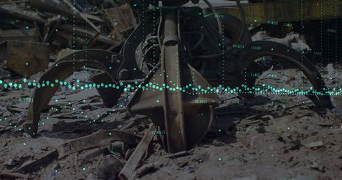 Junkyard recycling crane with futuristic data overlay