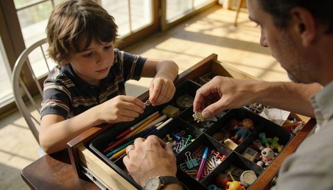 Father and son sorting childhood keepsakes in wooden compartment box at sunlit home table