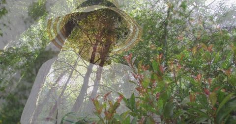 Serene Fusion of Senior Woman in Straw Hat with Sunlit Forest