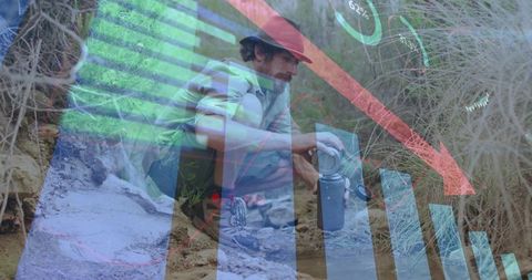Hiker pouring water at stream with augmented hud overlay and downward graph