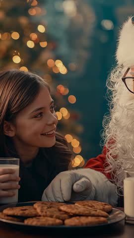 Vertical video: Smiling girl leaning for cookies while Santa glove pointing in cozy Christmas bokeh