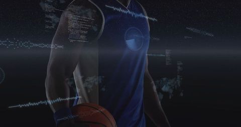 Futuristic basketball athlete holding ball with HUD data overlay, blue jersey torso close-up