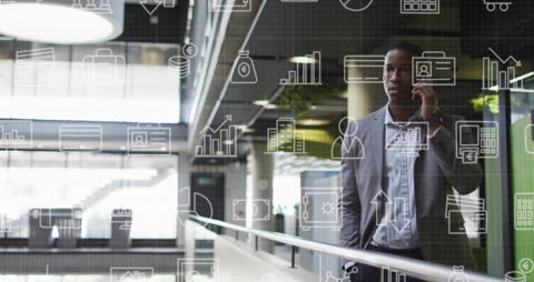 Businessman Communicating with Futuristic Data Interface Overlay