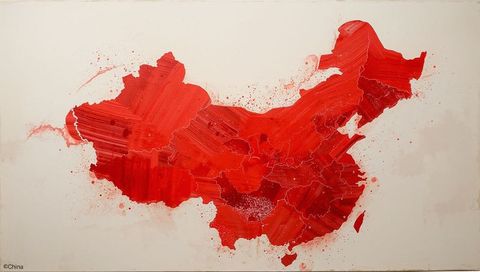 Contemporary Abstract Map of China with Red Brush Strokes