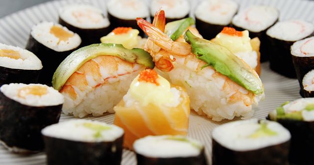 Close-Up Assorted Sushi Platter with Nigiri and Maki Rolls - Download Free Stock Images Pikwizard.com