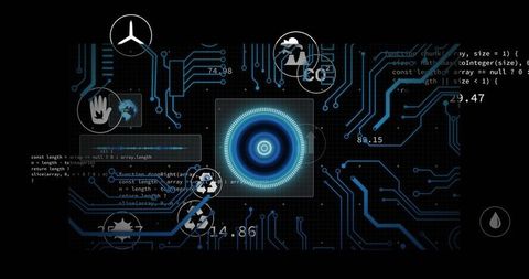 Futuristic HUD Display Showing Central Glowing Target With Circuit Telemetry