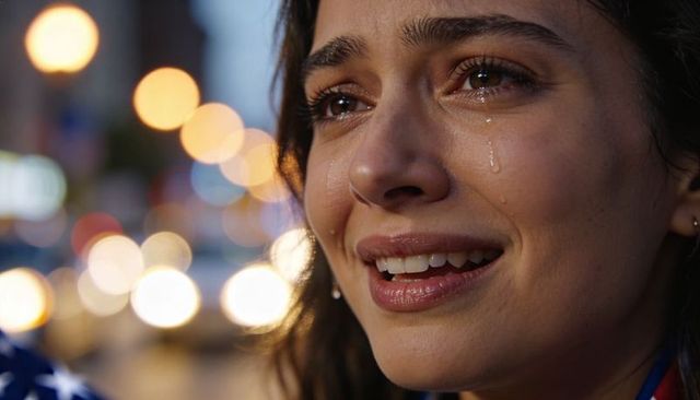 Young woman crying at dusk with tear tracks and bokeh city lights for emotional portrait