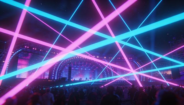 Pulsing neon laser stage casting cyan and magenta beams across crowd, arched led panels glowing