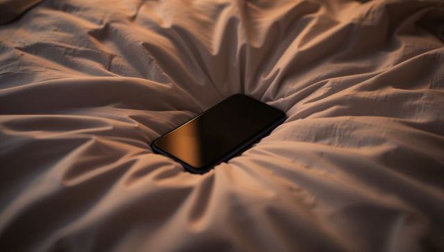 Smartphone resting on crumpled duvet with warm amber glow