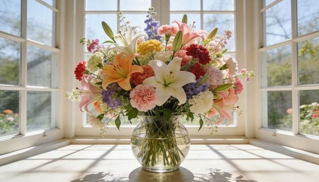 Sunlit mixed floral bouquet in glass vase on bay windowsill casting soft muntin shadows