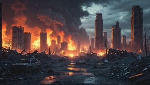 Apocalyptic cityscape with towers and flames on gloomy day