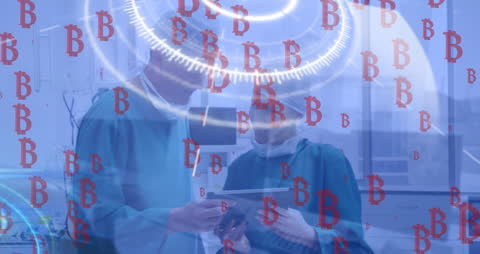 Doctors Analyzing Data with Bitcoin Technology Overlay