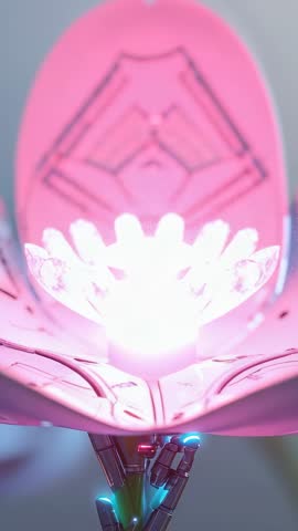 Surging Energy Activating Robotic Flower with Glowing Core Futuristic Vertical Lab Footage