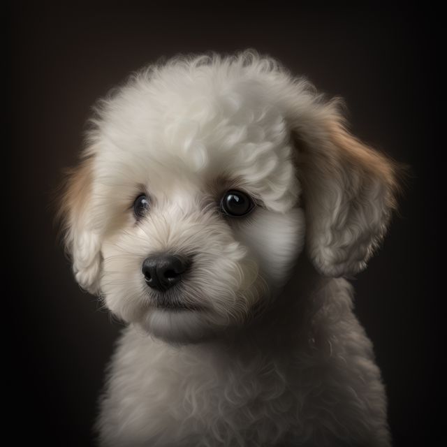 White puppy with curly fur gazing curiously, set against a black background. Ideal for pet lovers, animal shelters, puppy adoption ads, pet care products, and veterinary services promotions.