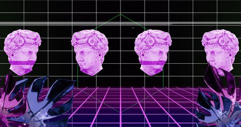 Surreal Neon Paradise with Classical Busts and Geometric Immersion - Download Free Stock Images Pikwizard.com