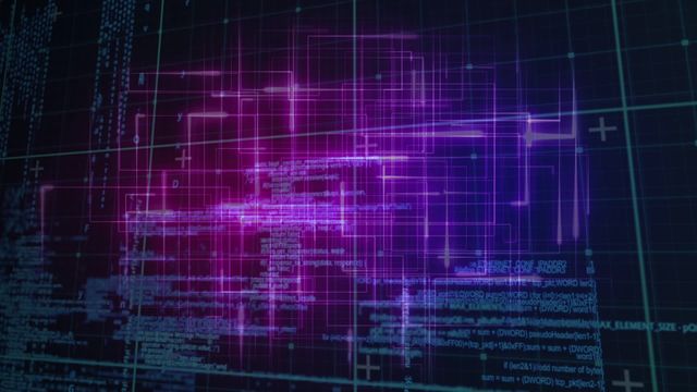 Abstract display of digital data with purple lights glowing over a network grid. Looks like a modern depiction of information technology and data transfer. Perfect for illustrating concepts of cybersecurity, digital innovation, and computational futurism. Useful in presentations, tech websites, and educational projects related to digital networks and technology interfaces.