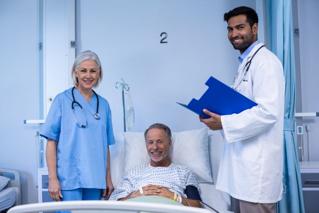 Medical professionals standing beside hospital bed with elderly male patient. Ideal for illustrating healthcare, medical team interactions, hospital care, patient treatment, and professional medical services.
