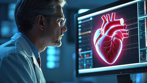 Doctor analyzing digital heart model in advanced cardiology lab, cardiovascular diseases theme