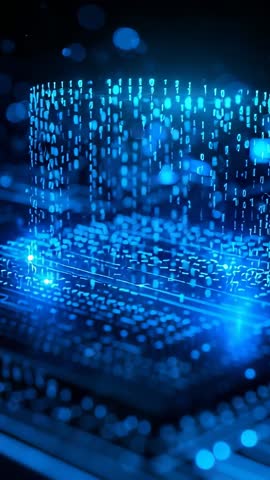 Vertical Hologram Cylinder Cascading Binary Streams Rising Circuit Board Blue Futurism