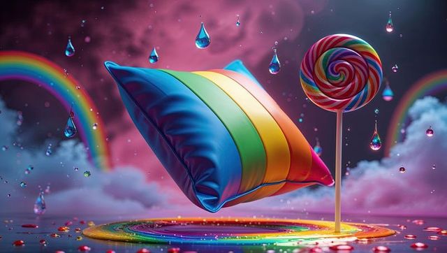 Surreal floating rainbow pillow with lollipop in dreamy sky