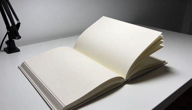 Open sketchbook fanning blank cream pages on white desk casting soft lamp shadows