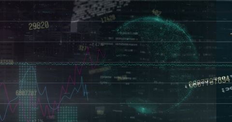 Teal Particle Globe Hovering Above Neon Financial Charts Over Urban Night Skyline