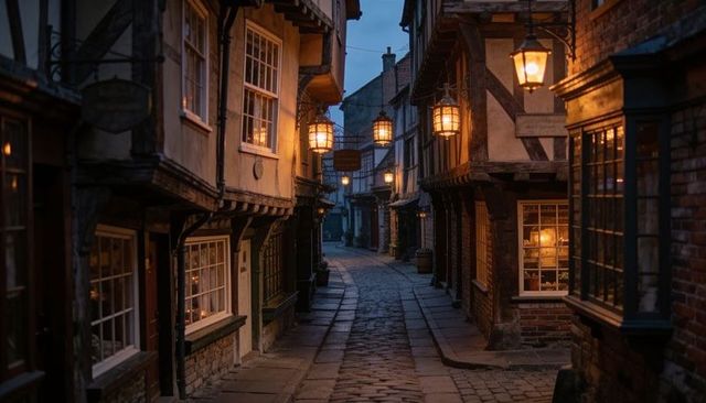 Lantern-lit medieval cobblestone alley showing timber-framed storefronts at blue hour