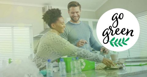 Diverse Couple Sorting Recycling Encourages Eco-Friendly Living