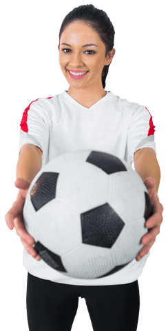 Smiling female soccer enthusiast holding ball transparent