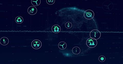 Futuristic digital globe rotating with energy and sustainability network icons